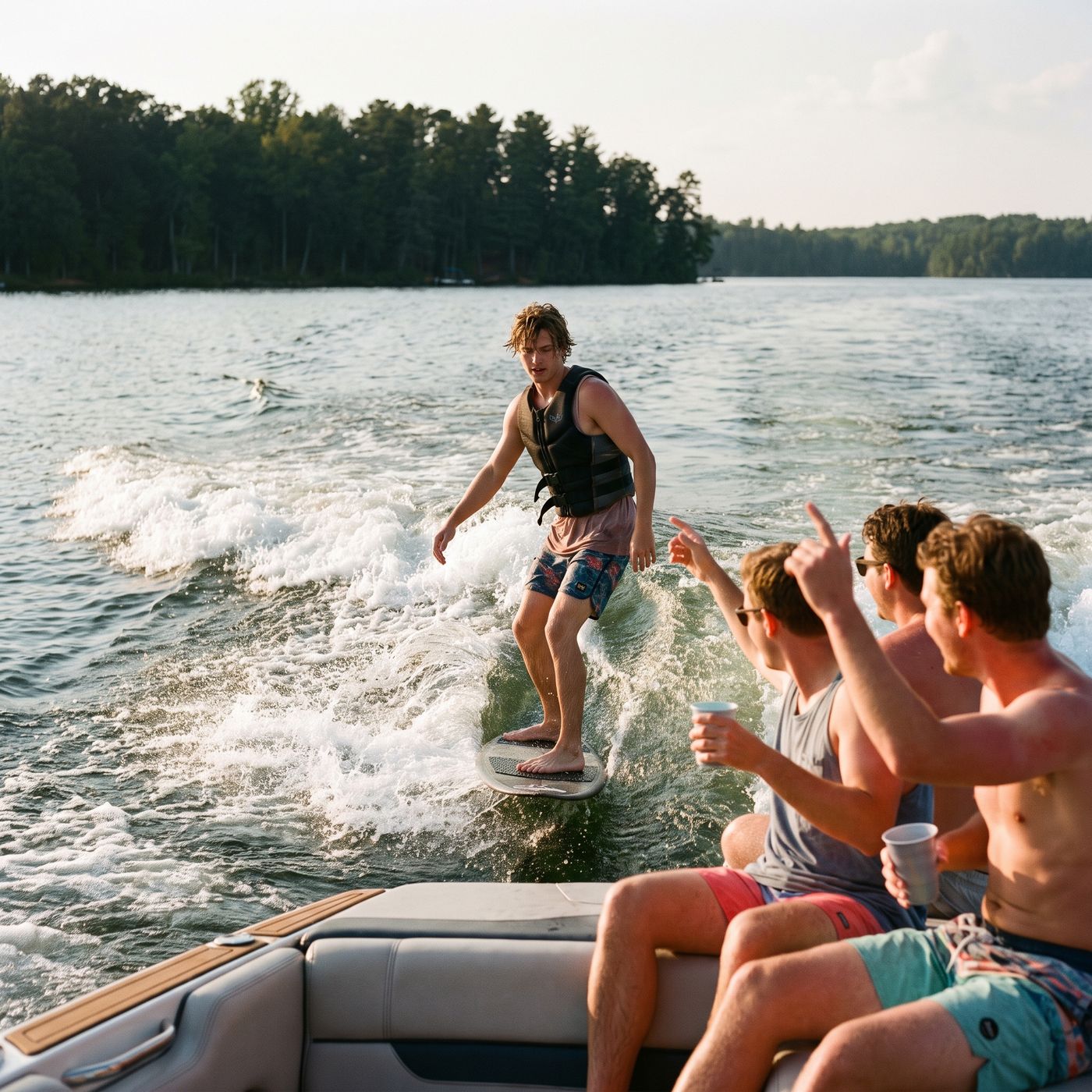 Wake surfing on a team weekend